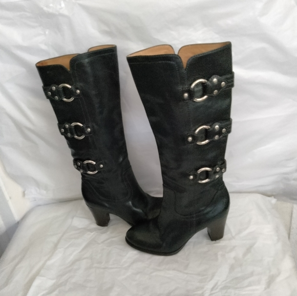 Frye Fiona 3 Strap Black Leather High Heel Womens  riding Boots Size 6M - Picture 15 of 16